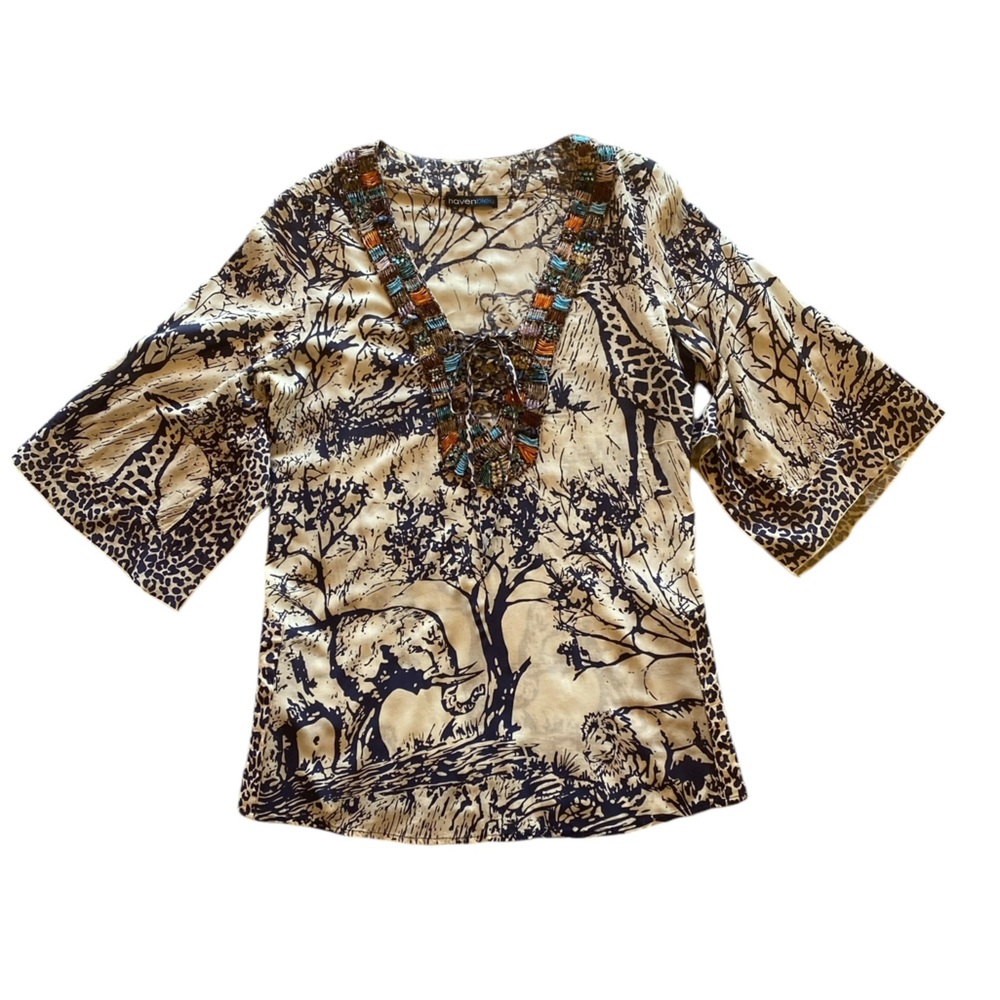 Stunning Haven Blue Beaded Animal Print Blouse Top Zebra Tiger Elephant Giraffe